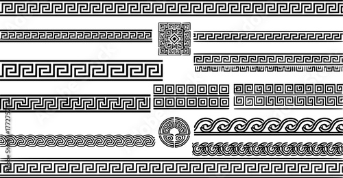 Ancient Greek borders. Greek Roman meander and wave decorative seamless patterns vector illustration set. Greek geometric meander borders