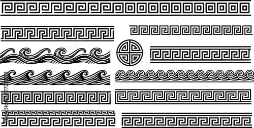 Ancient Greek borders. Greek Roman meander and wave decorative seamless patterns vector illustration set. Greek geometric meander borders