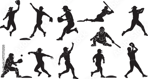Dynamic softball players in action silhouettes showcase teamwork, power, and skill for sports marketing or team graphics with energetic movement