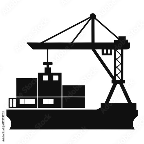 Cargo ship loading with crane silhouette
