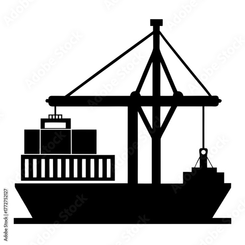 Cargo ship silhouette loading containers with crane silhouette