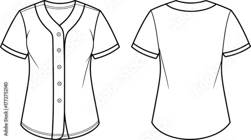 Women’s button-up shirt silhouette, front and back view, V-neck collar, short sleeve, curved hem, fashion apparel layout