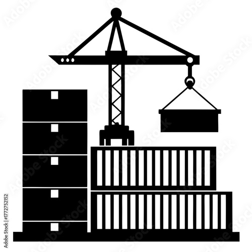 Industrial crane lifting shipping container silhouette