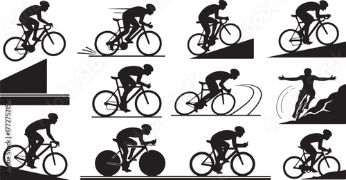 Dynamic set of cyclist silhouette icons for vector design projects or fitness brand visuals, showcasing speed, challenges, and athletic achievement