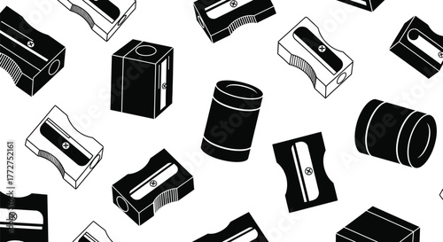 Playful pattern of vintage pencil sharpeners in black and white.