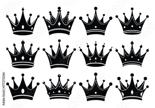Collection of twelve diverse black silhouette royal crowns and regal headwear designs on a white background