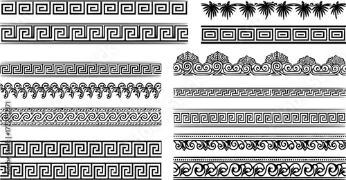 Ancient Greek borders. Greek Roman meander and wave decorative seamless patterns vector illustration set. Greek geometric meander borders