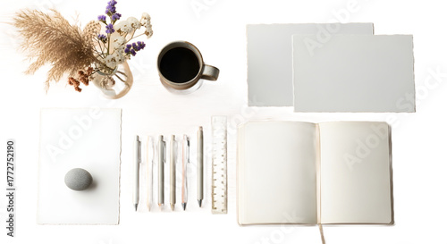 Obraz na plátně Creative workspace with paper pens and coffee