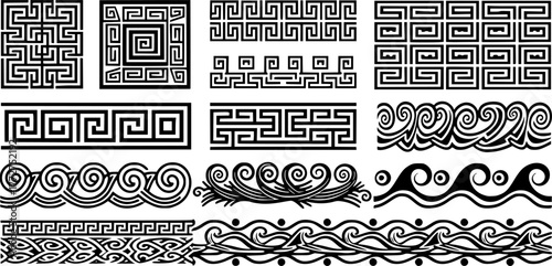 Ancient Greek borders. Greek Roman meander and wave decorative seamless patterns vector illustration set. Greek geometric meander borders