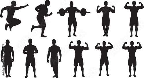 Dynamic fitness silhouettes showcasing powerful strength training and athletic poses, perfect for gym promotions and motivational content