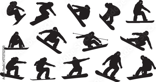 Dynamic snowboarding silhouettes showcasing diverse poses for winter sports enthusiasts and creative design projects with a modern, sporty aesthetic appeal