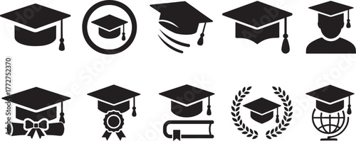 Graduation Cap Icon Set in silhouette style, perfect for education, success, and learning.
