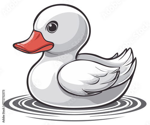 Cartoon duck toy floating in water, red beak, white and gray