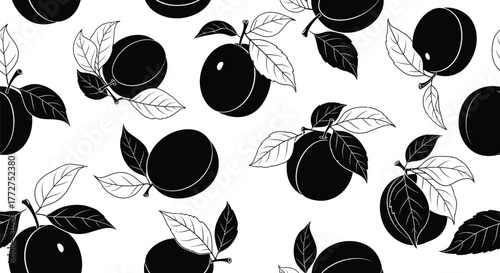 Stylized black and white plum pattern with leaves on a white background