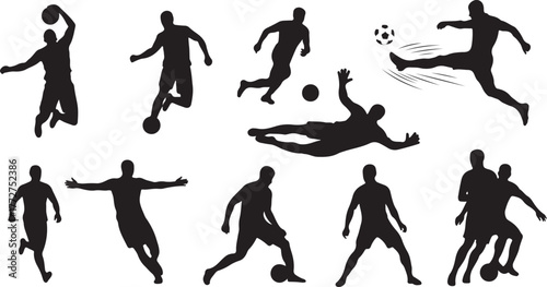 Dynamic soccer and basketball player silhouettes in action poses for branding and sports designs that capture athleticism and teamwork beautifully