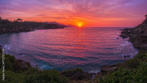 Sunset hues over ocean waters. Coastal landscape scene. Organic backdrop.