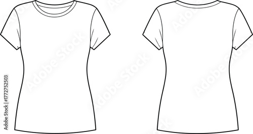 Women’s fitted T-shirt sketch, front and back view, round neckline, short sleeve, blank shirt, fashion template, apparel layout