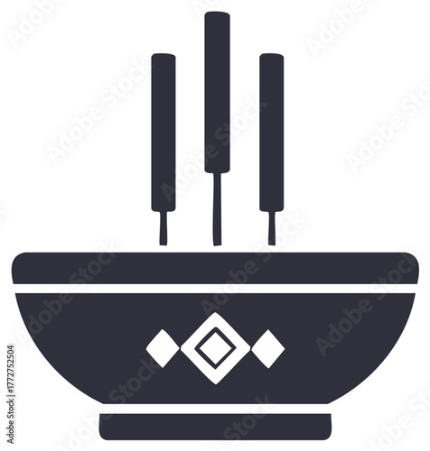 Asian Bowl Containing Incense Sticks Featuring Geometric Design Graphic
