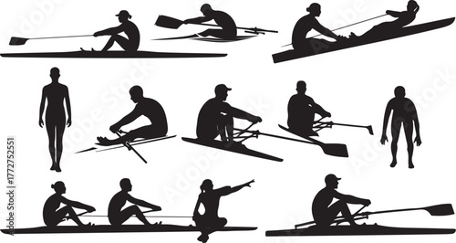Dynamic rowing team silhouettes showcasing teamwork, fitness, and competitive spirit for sports and activity promotions with athletes in boats