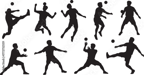 Dynamic set of soccer players silhouettes in action perfect for sports marketing and athletic team designs offering energetic, stylized visuals