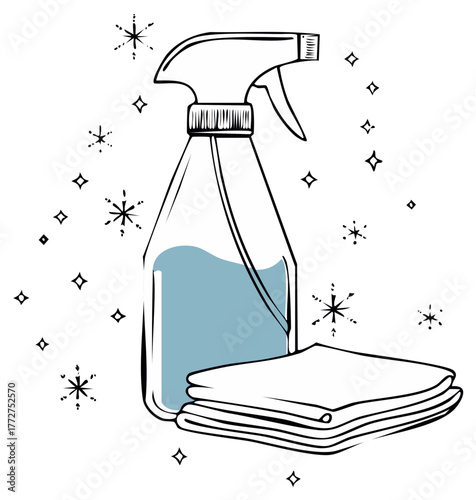 Essential cleaning supplies spray bottle and folded cloths sparkling clean