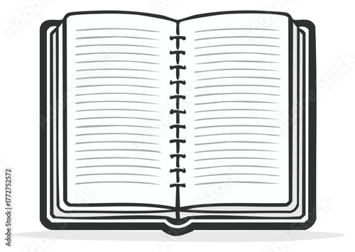 Stylized open book illustration featuring blank lined pages and a central binding for writing and study