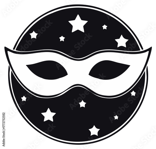 Festive black and white illustration of a masquerade mask with stars in a circle
