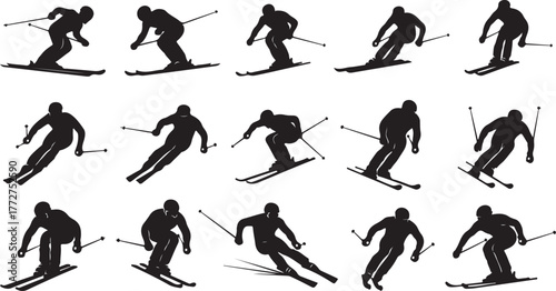 Thrilling ski silhouettes showing downhill skiing action, perfect for winter sports promotions and outdoor adventure themes, conveys energy and excitement