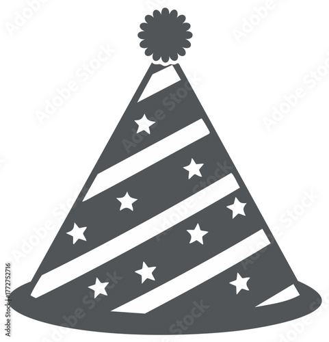 Party hat with stripes and stars, cone-shaped festive headwear for birthday or celebration events