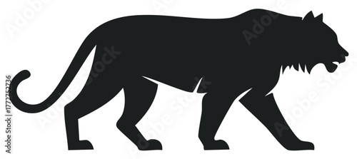 Black Panther Silhouette Walking with Open Mouth Fangs Visible Vector Illustration