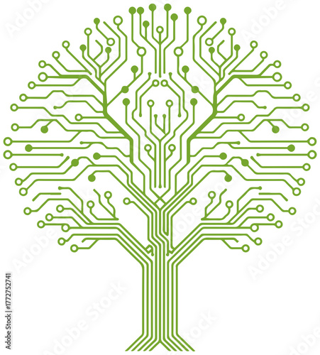 Eco-friendly technology concept featuring a tree shaped circuit board for sustainable IT