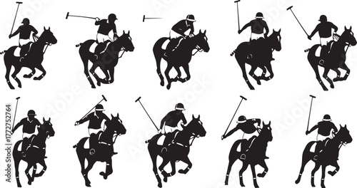 Dynamic polo players on horseback in action, capturing the thrill and competitive spirit of the sport with powerful silhouettes