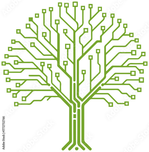 Green technology tree blooming with circuits and innovation for a sustainable future