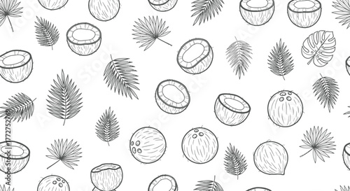 Whimsical hand-drawn pattern of coconuts and tropical palm leaves on a white background.