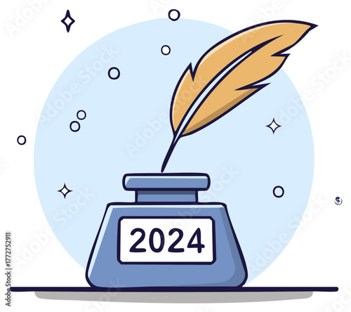 Quill pen in inkwell with 2024 year symbol for new beginnings writing and future resolutions