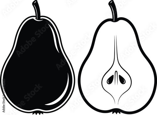A whole pear and a halved pear shown in a graphic style