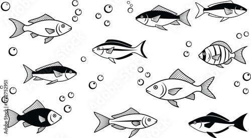 A school of varied fish swimming gracefully underwater amongst bubbles, rendered in a charming black and white illustration.