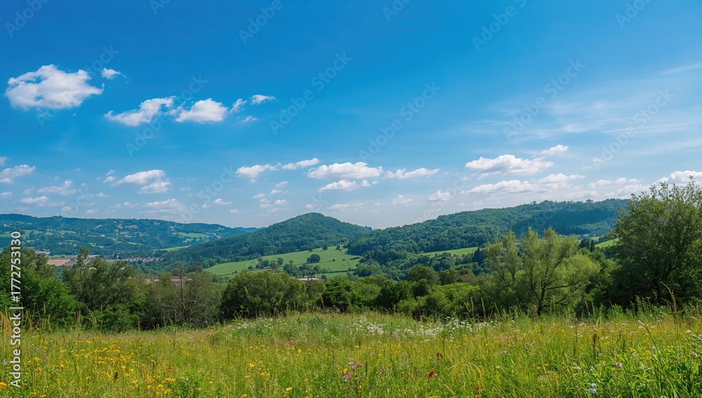 Obraz premium Stunning natural landscape featuring a bright summer sky, ideal for editorial backdrop