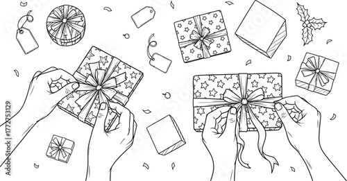 Hands elegantly wrapping festive gifts with ribbons and decorative paper, preparing for holiday celebrations.