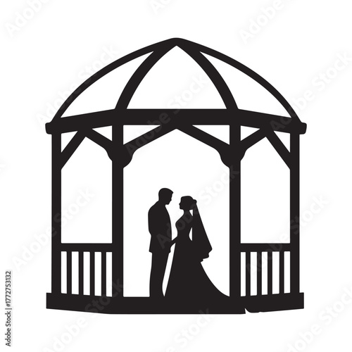 Elegant minimalist bride and groom silhouette within classic gazebo frame on white background. 