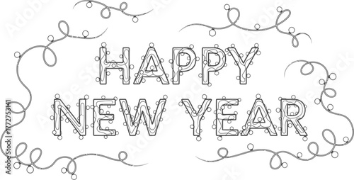 Festive "Happy New Year" text with twinkling fairy lights and decorative swirls