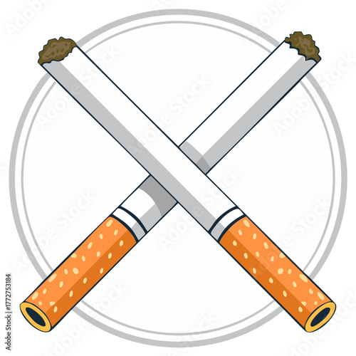 Crossed cigarettes forming X inside a circle to represent the dangers of smoking
