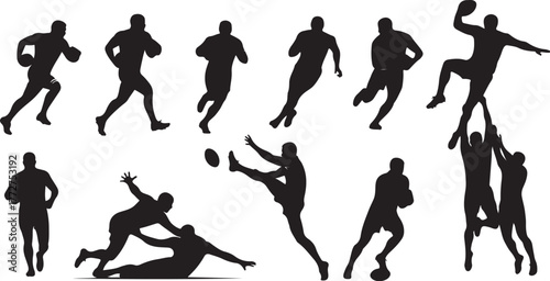 Dynamic rugby players in action silhouettes capturing the intensity and athleticism of the sport for sports marketing and design projects