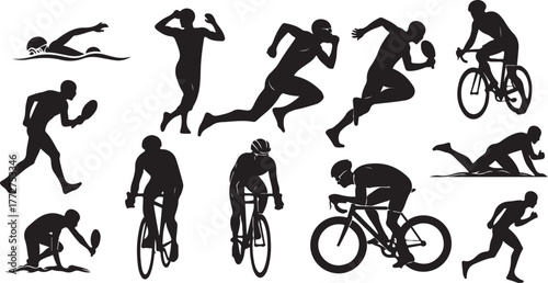 Dynamic silhouettes capture the energy of diverse athletes in action including swimming running cycling and table tennis