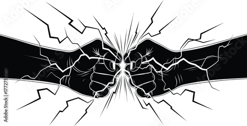 Powerful collision of two fists creating an energetic burst of light and lines