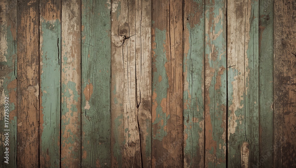Naklejka premium Rustic wooden planks with weathered green paint, showing cracks and scratches in a vintage style.