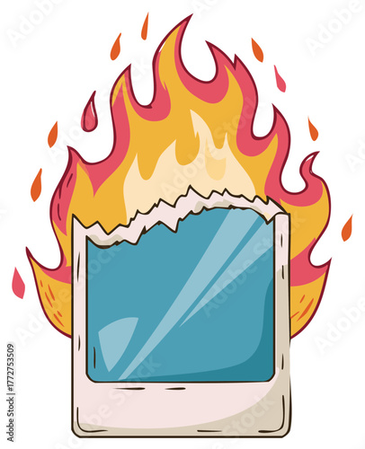 Cartoon illustration of a vintage instant photograph on fire symbolizing a breakup or destroying painful memories