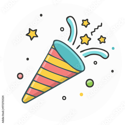 Cartoon popper illustration with stars and confetti on a white background.