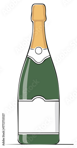 Elegant green glass bottle with blank label. Wine, champagne or sparkling beverage for celebration, vector illustration