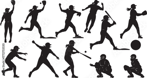 Dynamic silhouettes of female athletes showcasing diverse baseball and softball actions, capturing athleticism and competitive spirit.